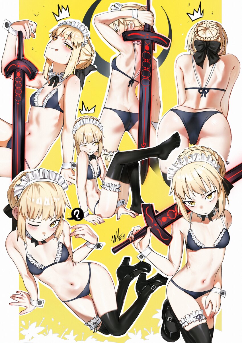 1girl absurdres artoria_pendragon_(alter_swimsuit_rider)_(fate) artoria_pendragon_(alter_swimsuit_rider)_(second_ascension)_(fate) artoria_pendragon_(fate) ass bikini black_bikini black_thighhighs blonde_hair blush braid breasts bridal_garter butt_crack choker excalibur_morgan_(fate) fate/grand_order fate_(series) frilled_bikini frilled_choker frills highres looking_at_viewer maid maid_bikini maid_headdress multiple_views navel neck_garter one_eye_closed open_clothes saber_alter short_hair sitting small_breasts swimsuit thighhighs unconventional_maid waligner yellow_eyes