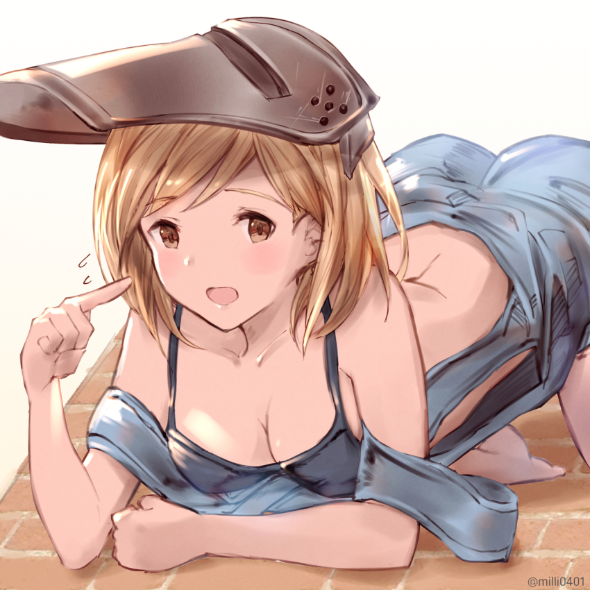 1girl :d all_fours ass bad_id bad_pixiv_id bare_shoulders barefoot blonde_hair blush breasts brown_eyes cleavage collarbone commentary_request dated djeeta_(granblue_fantasy) flying_sweatdrops granblue_fantasy highres looking_at_viewer mechanic_(granblue_fantasy) medium_breasts milli_little open_mouth overalls pointing pointing_at_self revision sketch smile solo swept_bangs top-down_bottom-up welding_mask white_background