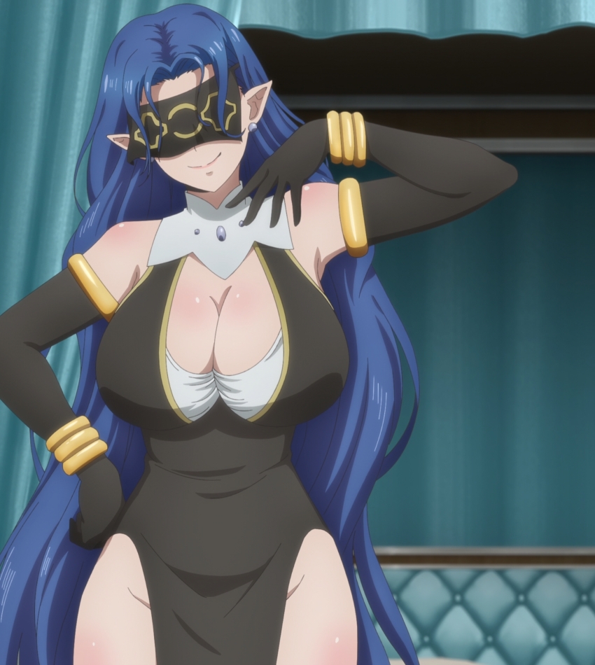 1girl anime_screenshot black_dress black_gloves blindfold blue_hair breasts curvy dress earrings elbow_gloves fuguushoku_&quot;kanteishi&quot;_ga_jitsu_wa_saikyou_datta gloves groin hand_on_own_hip highres hip_vent huge_breasts jewelry kursh_(fugukantei) long_hair pointy_ears sideboob smile stitched thick_thighs thighs third-party_edit very_long_hair wide_hips