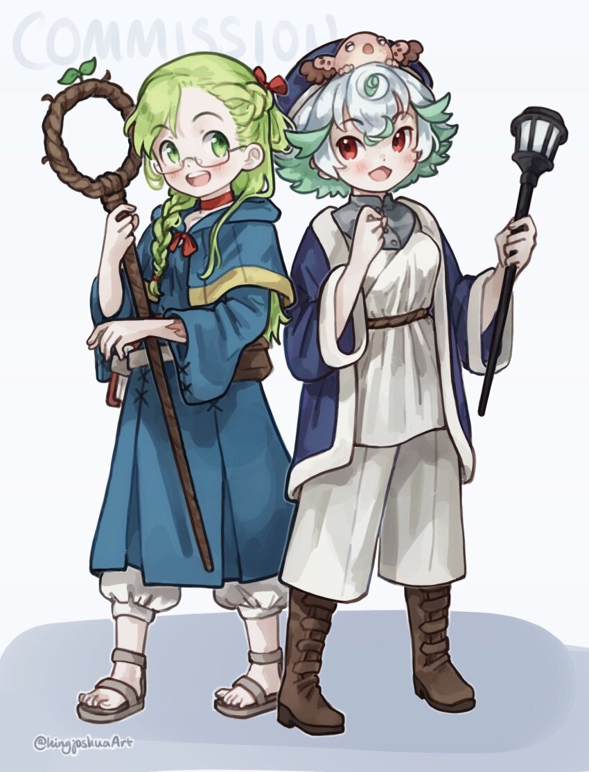 2girls belt blue_capelet blue_coat blue_robe blush boots braid brown_belt brown_footwear capelet choker coat commentary_request commission cosplay creature_on_head dungeon_meshi falin_touden falin_touden_(cosplay) full_body gladiator_sandals gorget green_eyes green_hair hand_up hands_up highres holding holding_staff kingjoshua long_hair long_sleeves made_in_abyss marcille_donato marcille_donato_(cosplay) meinya_(made_in_abyss) multicolored_hair multiple_girls open_mouth pants prushka red_choker red_eyes red_ribbon ribbon riko_(made_in_abyss) robe sandals short_hair sideways_glance staff standing teeth tunic twitter_username two-tone_hair upper_teeth_only white_background white_pants white_tunic