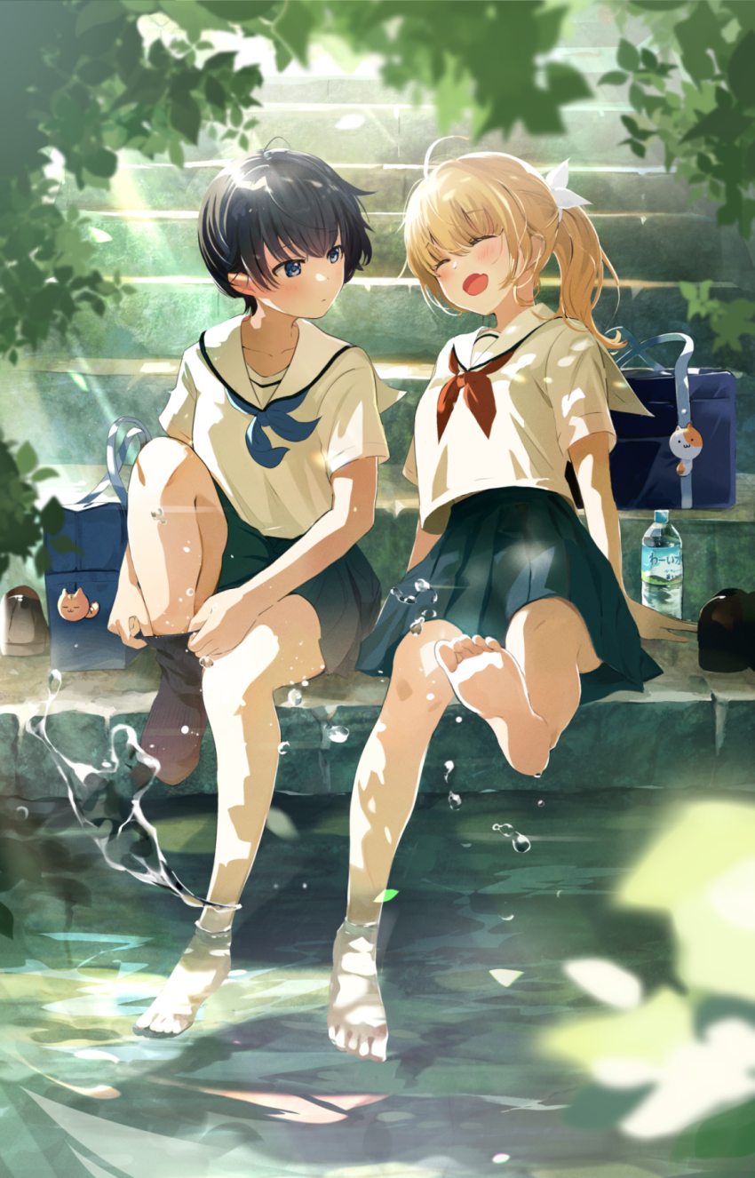 2girls bag black_hair blonde_hair blue_neckerchief blush closed_eyes hair_ribbon hair_tie highres leaf long_hair looking_at_another multiple_girls neckerchief original outdoors pleated_skirt red_neckerchief ribbon sailor_collar school_bag school_uniform serafuku short_hair skirt smile water white_ribbon white_sailor_collar yukimaru_nun