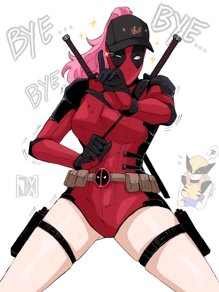 baseball_cap bodysuit breasts cosplay deadpool deadpool_&amp;_wolverine deadpool_(series) gloves gradient_hair green_hair hat highres hololive hololive_english jasper_xandros large_breasts marvel mask mori_calliope multicolored_hair nsync orange_hair pink_hair red_bodysuit red_mask superhero_costume sword takanashi_kiara two-tone_bodysuit virtual_youtuber weapon weapon_on_back wolverine_(x-men) wolverine_(x-men)_(cosplay) x-men yellow_bodysuit