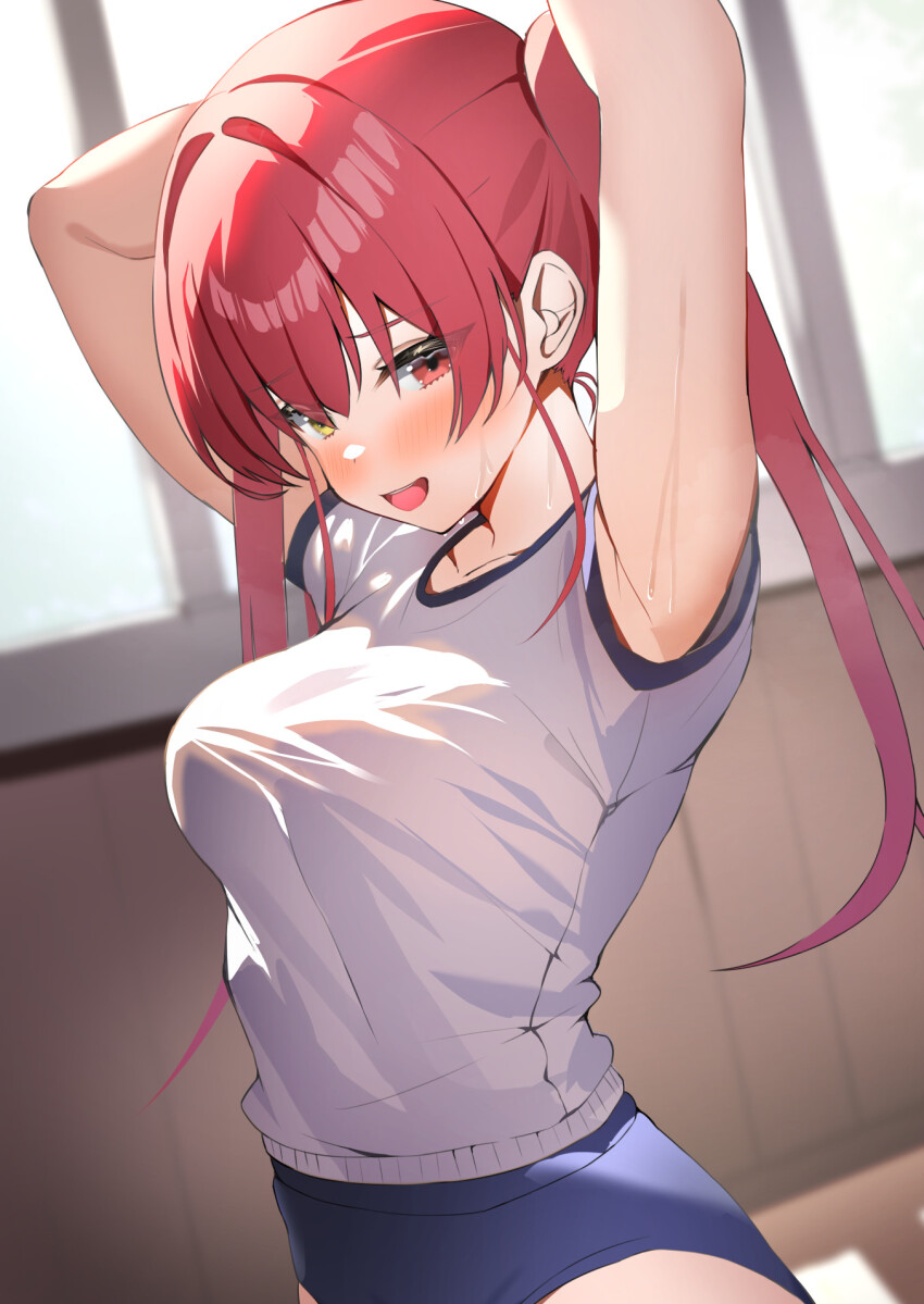 1girl aa44 arms_up highres hololive houshou_marine open_mouth red_eyes red_hair shirt short_sleeves smile solo standing twintails virtual_youtuber white_shirt