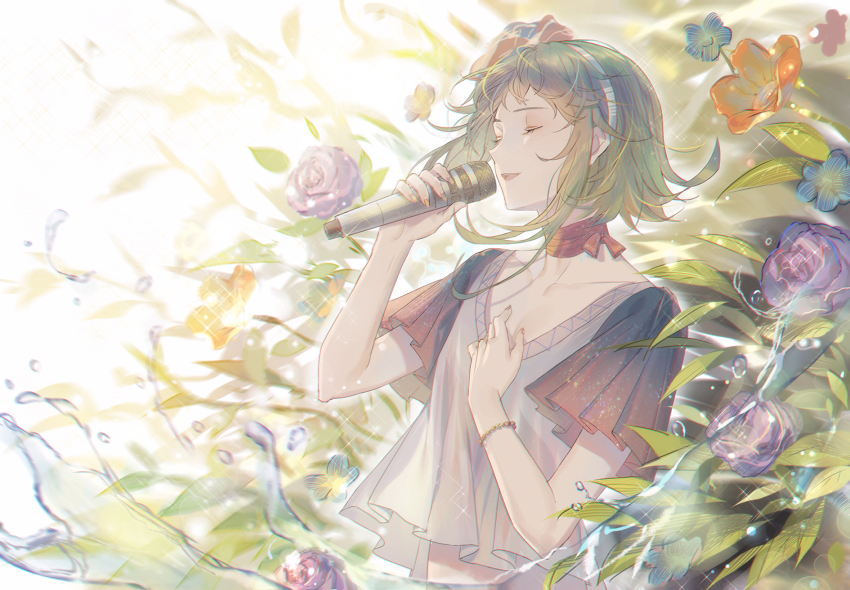 1girl blue_flower bracelet choker closed_eyes collarbone flower frilled_sleeves frills green_hair gumi hair_flower hair_ornament hairband hand_on_own_chest highres holding holding_microphone jewelry microphone midriff_peek music open_mouth orange_flower outdoors purple_flower purple_rose qingshui_ai red_ribbon ribbon ribbon_choker rose shirt short_hair_with_long_locks short_sleeves singing solo sparkle upper_body vocaloid water_drop