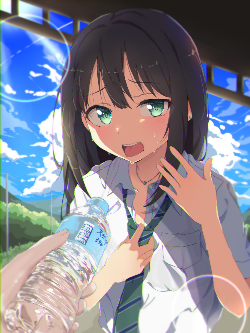 1girl 1other black_hair blue_sky bottle cloud dress_shirt earrings green_eyes highres holding holding_bottle holding_necktie idolmaster idolmaster_cinderella_girls jewelry long_hair looking_at_viewer necklace necktie okome0620 open_mouth school_uniform shibuya_rin shirt short_sleeves sky sweat tongue tongue_out upper_body water_bottle white_shirt