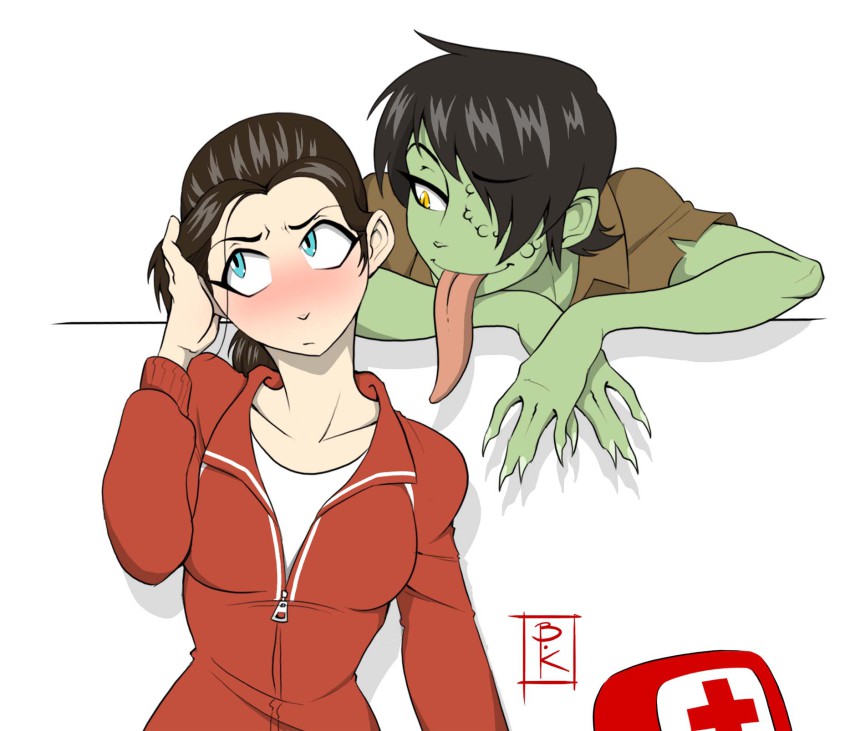 2girls black_hair blue_eyes blunt-katana blush brown_hair colored_skin fingernails gender_request genderswap green_skin highres left_4_dead left_4_dead_1 long_hair long_tongue looking_away multiple_girls naughty_face one-eyed ponytail sharp_fingernails simple_background smoker_(left4dead) tongue tongue_out yellow_eyes yuri zoey_(left4dead)