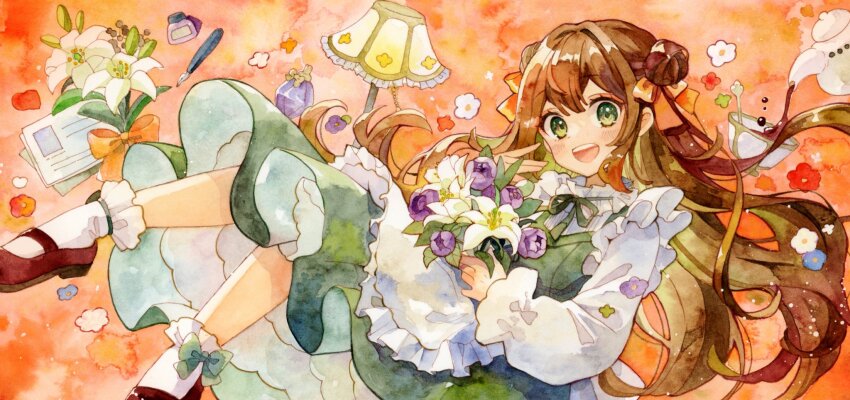 1girl :d apron bow brown_hair collar cup double_bun dress floating flower frilled_apron frilled_collar frilled_sleeves frilled_socks frills full_body green_dress green_eyes green_ribbon hair_bow hair_bun highres holding holding_flower lamp long_hair long_sleeves looking_at_viewer mary_janes neck_ribbon open_mouth orange_background orange_bow original painting_(medium) puffy_long_sleeves puffy_sleeves purple_flower ribbon shoes smile socks solo teacup teapot traditional_media tulip waist_apron watercolor_(medium) white_apron white_flower yuyuharu_1027