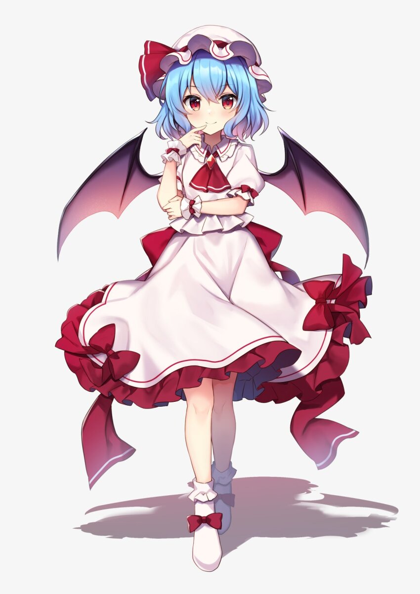 1girl ascot bat_wings blue_hair bow footwear_bow frilled_skirt frills hat highres mob_cap red_ascot red_eyes red_ribbon remilia_scarlet ribbon ruhika shadow skirt solo standing touhou white_footwear white_hat wings