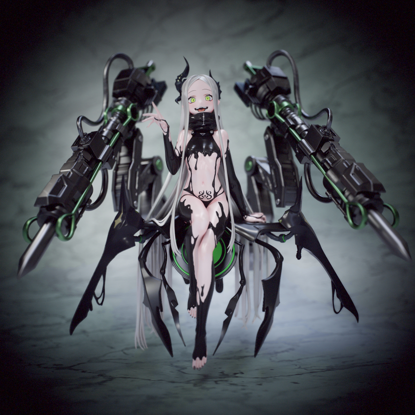 1girl 3d absurdres bare_shoulders barefoot black_horns black_liquid black_nails breasts erhumaster forehead full_body goddess_of_victory:_nikke green_eyes grey_hair highres horns huge_filesize leviathan_(nikke) liquid_clothes long_hair looking_at_viewer nail_polish open_mouth piercing pubic_tattoo simple_background small_breasts tattoo toenail_polish toenails tongue_piercing