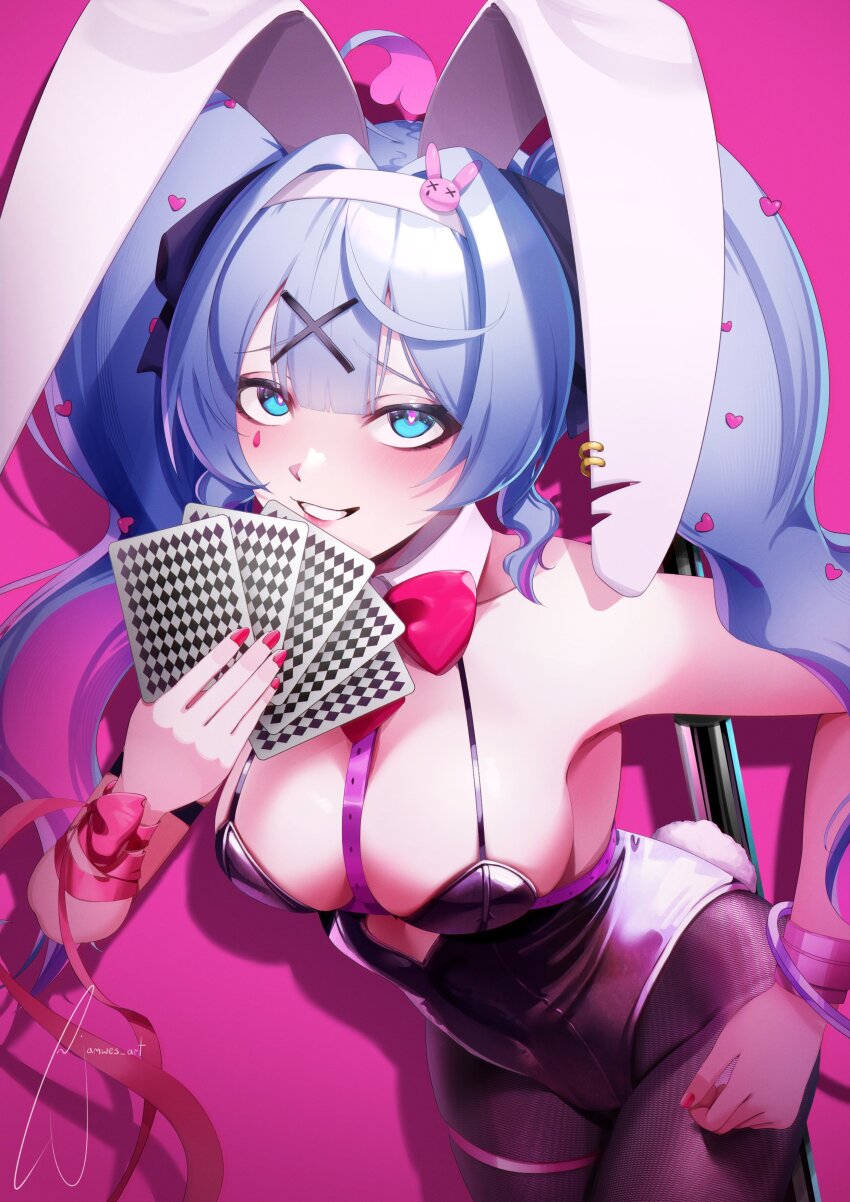 1girl absurdres animal_ears black_leotard blue_eyes blue_hair bow bowtie breasts card cleavage commentary cropped_legs detached_collar fake_animal_ears hair_intakes hatsune_miku highres holding holding_card jamwes leaning_forward leotard long_hair looking_at_viewer pink_nails pink_ribbon playboy_bunny playing_card rabbit_ears rabbit_hole_(vocaloid) red_bow red_bowtie ribbon smug solo standing symbol-only_commentary twintails vocaloid