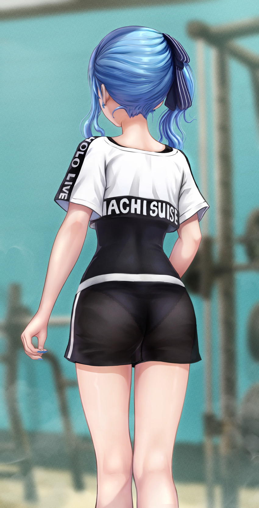 1girl absurdres ass bare_legs black_panties black_shorts blue_hair blue_nails blurry blurry_background clothes_writing cropped_shirt earrings facing_away from_behind gym hair_ribbon highres hololive hololive_dance_practice_uniform hoshimachi_suisei jewelry lace lace-trimmed_panties lace_trim leotard leotard_under_clothes long_hair nail_polish nape official_alternate_costume panties panties_under_shorts power_rack ribbon see-through_clothes see-through_shorts shirt shorts side_ponytail solo star_(symbol) star_earrings thighs underwear virtual_youtuber wajuniorbox weights white_shirt