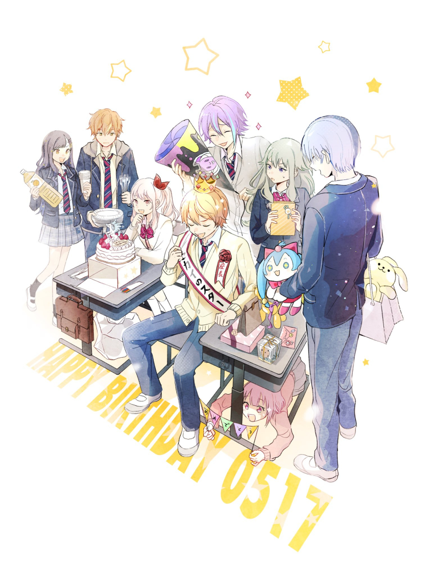 1other 3girls 4boys akiyama_mizuki aoyagi_touya aqua_hair asymmetrical_bangs bag birthday_cake birthday_sash blazer blue_hair box cake cardigan closed_eyes closed_mouth commentary_request cup dark_blue_hair diagonal-striped_clothes diagonal-striped_necktie disposable_cup food gift gift_box grey_cardigan grey_hair greyscale hair_between_eyes hair_down happy_birthday hatsune_miku highres holding holding_cup holding_gift holding_stuffed_toy jacket kamishiro_rui kamiyama_high_school_uniform_(project_sekai) long_hair long_sleeves miyamasuzaka_girls&#039;_academy_school_uniform momomo_(m0_3) monochrome multiple_boys multiple_girls necktie on_chair ootori_emu open_clothes open_jacket open_mouth orange_eyes orange_hair party_popper pink_cardigan pink_eyes pink_hair plaid_clothes plaid_skirt project_sekai purple_eyes purple_hair sash school_bag school_uniform shinonome_akito shiraishi_an short_hair sitting skirt standing star_(symbol) striped_clothes stuffed_animal stuffed_toy table tenma_tsukasa under_table vocaloid white_background wonderlands_x_showtime_(project_sekai) wonderlands_x_showtime_miku yellow_cardigan yellow_eyes