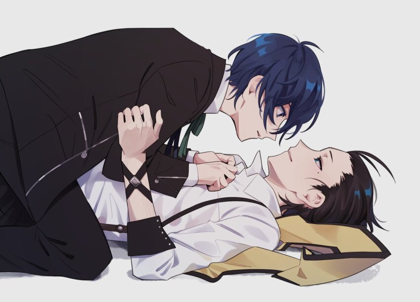 2boys black_hair black_jacket blue_eyes blue_hair elulit2 eye_contact from_side grey_background jacket long_sleeves looking_at_another lying male_focus mochizuki_ryouji mole mole_under_eye multiple_boys neck_ribbon on_back parted_lips persona persona_3 profile ribbon scarf school_uniform shirt simple_background straddling suspenders white_shirt yaoi yasogami_school_uniform yellow_scarf yuuki_makoto_(persona_3)