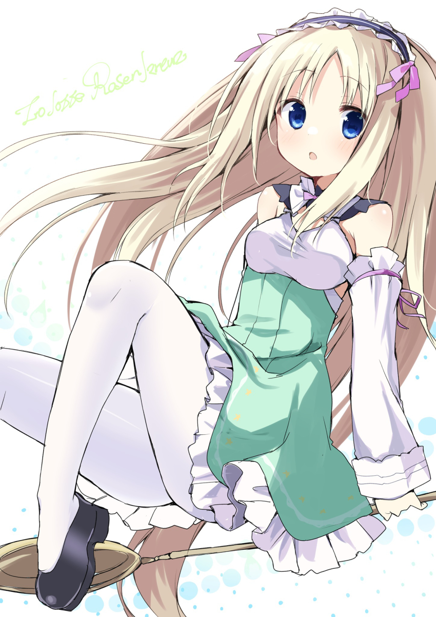 1girl :o bare_shoulders black_footwear black_hairband blue_eyes blush bow breasts character_name commentary detached_sleeves dress floating_hair foot_out_of_frame frilled_dress frilled_hairband frills green_dress hair_bow hairband highres knees_up light_brown_hair lolotte_rosenkreuz long_hair long_sleeves looking_at_viewer open_mouth pantyhose parted_bangs pink_bow short_dress sidelocks simple_background sleeveless sleeveless_dress small_breasts solo straight_hair takepoison twinkle_crusaders very_long_hair white_background white_pantyhose wide_sleeves