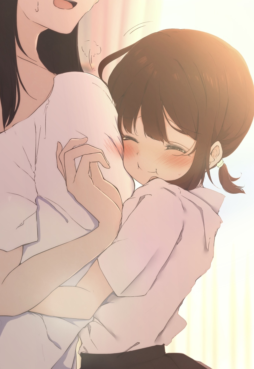 absurdres age_difference black_hair blush breasts brown_hair closed_eyes commentary face_to_breasts head_out_of_frame highres hug incest large_breasts onee-loli open_mouth original pleated_skirt shiralog shirt short_ponytail siblings sisters skirt sweatdrop upper_body white_shirt yuri