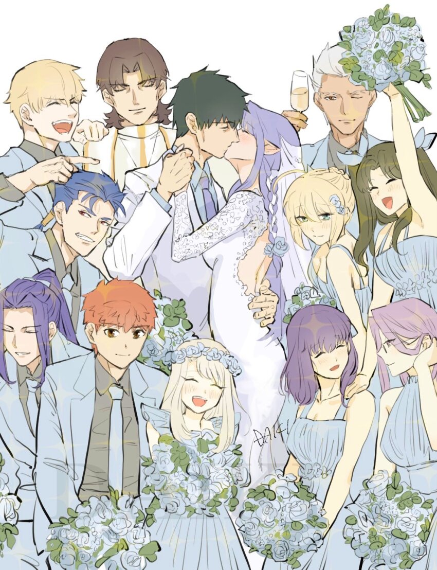 6+boys 6+girls ahoge archer_(fate) arm_over_head armpits artist_name artoria_pendragon_(all) artoria_pendragon_(fate) backless_outfit blonde_hair blue_dress blue_flower bouquet braid breasts bridal_veil bride brown_hair cassock champagne_flute cleavage closed_eyes coat commentary cu_chulainn_(fate) cu_chulainn_(fate/stay_night) cup dress drinking_glass emiya_shirou everyone fate/stay_night fate_(series) flower flower_wreath formal_clothes gilgamesh_(fate) green_hair grin groom hair_bun hair_slicked_back head_wreath highres holding holding_bouquet holding_cup holding_hands illyasviel_von_einzbern kiss kotomine_kirei kuzuki_souichirou laughing long_hair looking_at_viewer matou_sakura medea_(fate) medium_hair medusa_(fate) medusa_(rider)_(fate) multiple_boys multiple_girls necktie open_mouth parted_bangs pointing pointy_ears ponytail priest purple_hair purple_necktie red_hair saber_(fate) sasaki_kojirou_(fate) short_hair sidelocks simple_background sleeveless sleeveless_dress smile suit swept_bangs syuugou_11 tohsaka_rin twintails veil watermark wedding_dress white_background white_coat white_dress white_hair white_suit