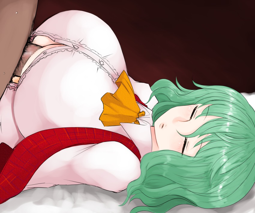 1boy 1girl breasts censored closed_eyes green_hair han_(jackpot) hetero kazami_yuuka large_breasts lying on_back open_clothes open_shirt paizuri paizuri_under_clothes penis shirt short_hair sleep_molestation sleeping solo_focus straddling straddling_paizuri touhou