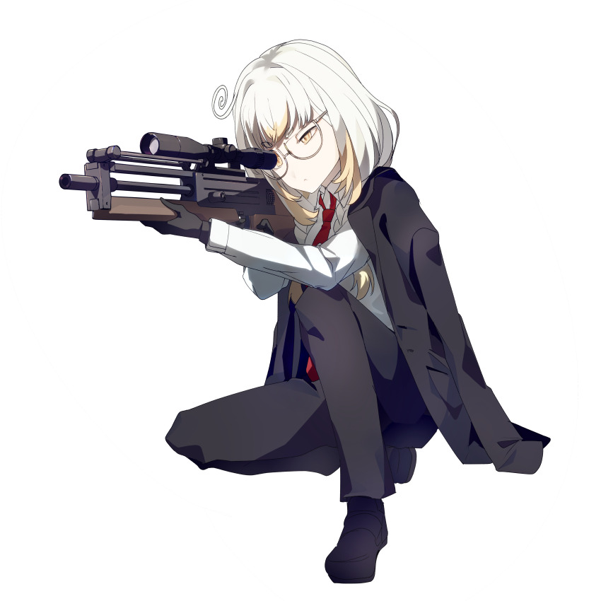 1girl absurdres agent_47 agent_47_(cosplay) black_gloves black_suit blonde_hair bullpup closed_mouth collared_shirt colored_tips commission cosplay formal_clothes glasses gloves gun highres holding holding_gun holding_weapon indie_virtual_youtuber jacket jacket_on_shoulders kanna_yanagi long_hair mineta_naoki multicolored_hair necktie red_necktie rifle second-party_source semi-rimless_eyewear shirt short_eyebrows skeb_commission sniper_rifle suit suppressor virtual_youtuber walther walther_wa_2000 weapon white_background white_hair white_shirt yellow_eyes