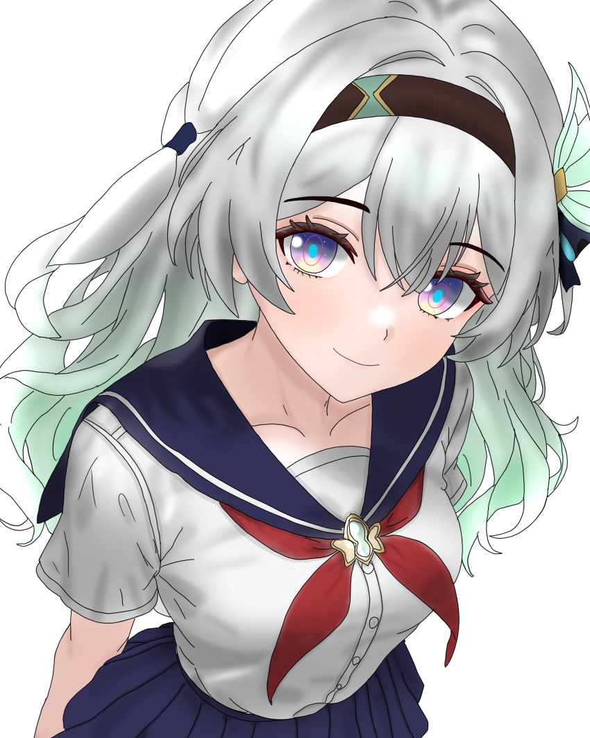 1girl absurdres aqua_pupils blue_sailor_collar blue_skirt brown_hairband closed_mouth commentary_request firefly_(honkai:_star_rail) green_hair grey_hair hairband highres honkai:_star_rail honkai_(series) long_hair looking_at_viewer neckerchief purple_eyes red_neckerchief sailor_collar school_uniform serafuku shirt short_sleeves simple_background skirt smile wanikani_(cradile) white_background white_shirt