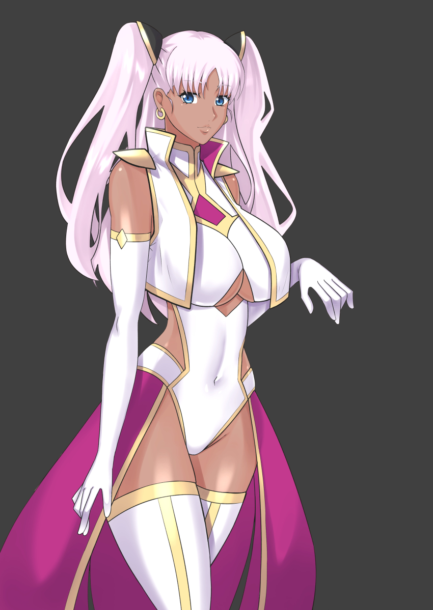 1girl absurdres artist_request blue_eyes breasts catherine_sabathra cleavage_cutout clothing_cutout code_geass code_geass:_dakkan_no_roze dark-skinned_female dark_skin elbow_gloves gloves highleg highleg_leotard highres large_breasts leotard long_hair looking_at_viewer pink_hair revealing_clothes solo transparent_background twintails very_long_hair white_leotard wide_hips