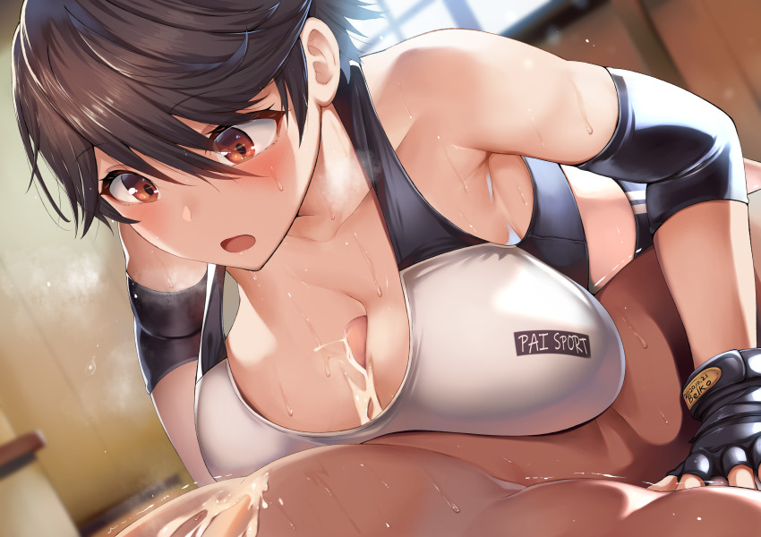 1boy 1girl absurdres bare_shoulders belko breasts brown_eyes censored cleavage clothed_female_nude_male cum cum_on_body cum_on_breasts cum_on_self cum_on_upper_body fingerless_gloves gloves hetero highres large_breasts mosaic_censoring nude original paizuri paizuri_under_clothes penis penis_peek solo_focus sports_bra