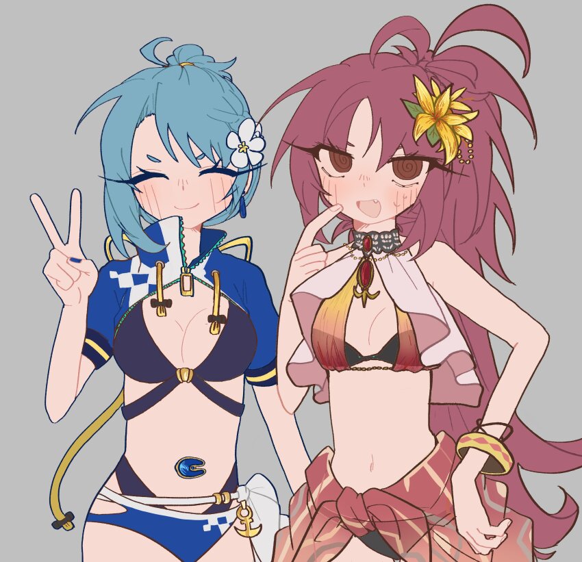 2girls @_@ ^_^ absurdres anchor_ornament bikini black_bikini blue_hair blue_shrug bracelet breasts cape cleavage closed_eyes commentary earrings flower grey_background hair_flower hair_ornament hand_fan hand_on_own_hip hashtag-only_commentary high_ponytail highres jewelry long_hair looking_at_viewer magia_record:_mahou_shoujo_madoka_magica_gaiden mahou_shoujo_madoka_magica miki_sayaka miki_sayaka_(surfer_ver.) multiple_girls navel official_alternate_costume open_mouth rabbit11201206 red_eyes red_hair sakura_kyoko sakura_kyoko_(swimsuit_ver.) sash simple_background smile soul_gem standing stomach_jewel swimsuit v white_flower