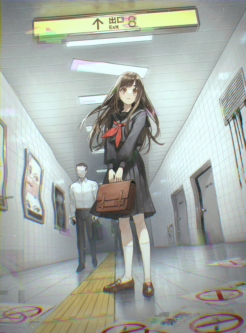 1boy 1girl absurdres ad bag black_sailor_collar black_shirt black_skirt blush brown_eyes brown_footwear brown_hair distortion exit_sign faceless faceless_male full_body glitch highres holding holding_bag horror_(theme) kotobuki_nashiko looking_afar mary_janes neckerchief original parted_lips pleated_skirt red_neckerchief sailor_collar school_bag school_uniform serafuku shirt shoes sign skirt socks solo_focus standing sweatdrop warped white_socks