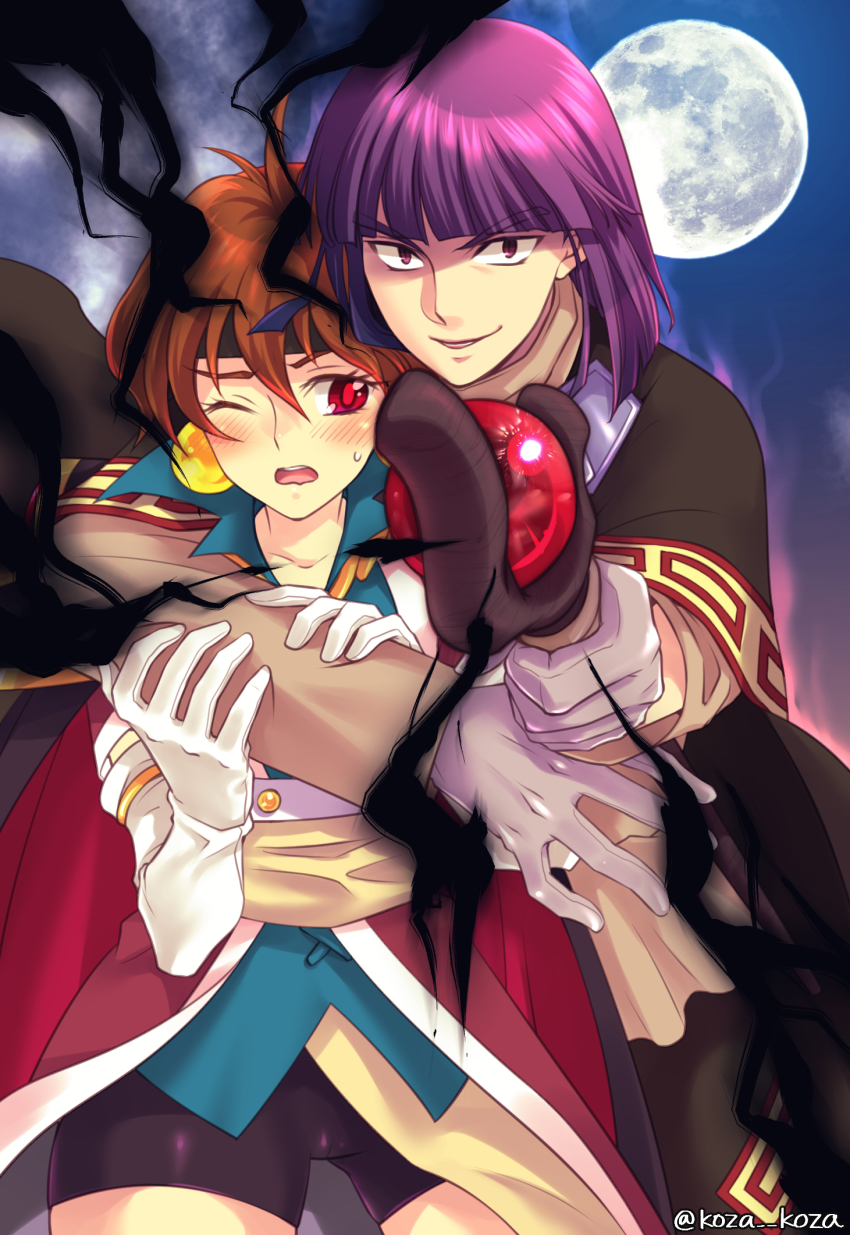 1boy 1girl ;d arm_around_neck bike_shorts black_shorts blush brown_hair cape collarbone earrings elbow_gloves full_moon gloves highres holding holding_staff jewelry lina_inverse looking_at_viewer medium_hair moon one_eye_closed open_mouth purple_eyes purple_hair red_cape red_eyes satoashu short_shorts shorts slayers smile staff sweatdrop twitter_username unusually_open_eyes white_gloves xelloss