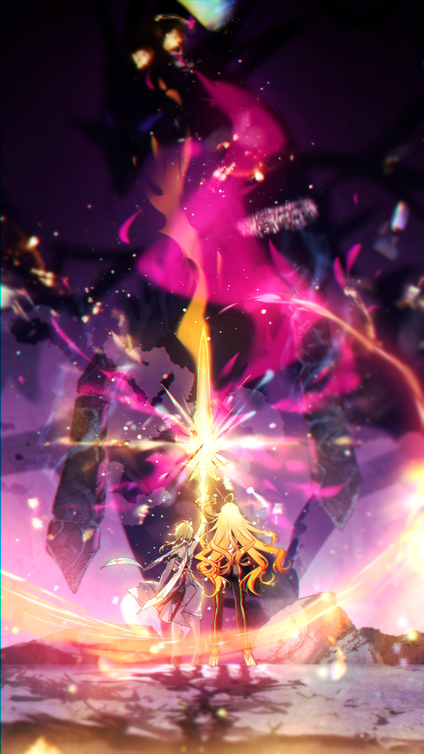 2girls a_thousand_blazing_suns_(genshin_impact) absurdres ahoge arm_up black_bikesuit blonde_hair commentary dress fire floating_hair from_behind full_body genshin_impact glowing glowing_weapon high_heels highres holding holding_sword holding_weapon kleinlight long_hair lumine_(genshin_impact) mavuika_(genshin_impact) multiple_girls orange_hair scene_reference shared_weapon short_hair_with_long_locks standing sword symbol-only_commentary weapon white_dress