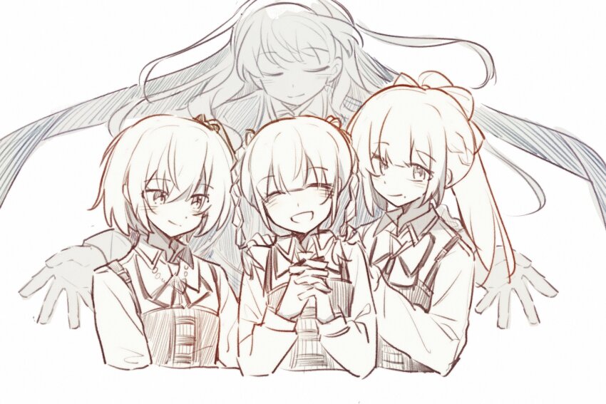 4girls amamiya_sophia_seren arm_at_side assault_lily blunt_bangs blush bow bowtie braid breasts closed_eyes collared_shirt corset cropped_torso facing_viewer floating_hair fukuyama_jeanne_sachie greyscale hair_between_eyes hair_bow hair_ribbon hairband half_up_braid half_updo hands_on_another&#039;s_shoulders hands_up highres interlocked_fingers jewelry kishimoto_lucia_raimu kishimoto_maria_mirai long_hair long_sleeves looking_at_another ludvico_private_girls&#039;_academy_school_uniform medium_hair mole mole_under_mouth monochrome multiple_girls necklace own_hands_together pendant ribbon school_uniform shirt short_hair siblings side-by-side simple_background sisters smile suspenders twin_braids upper_body white_background xizhou_meng_ling