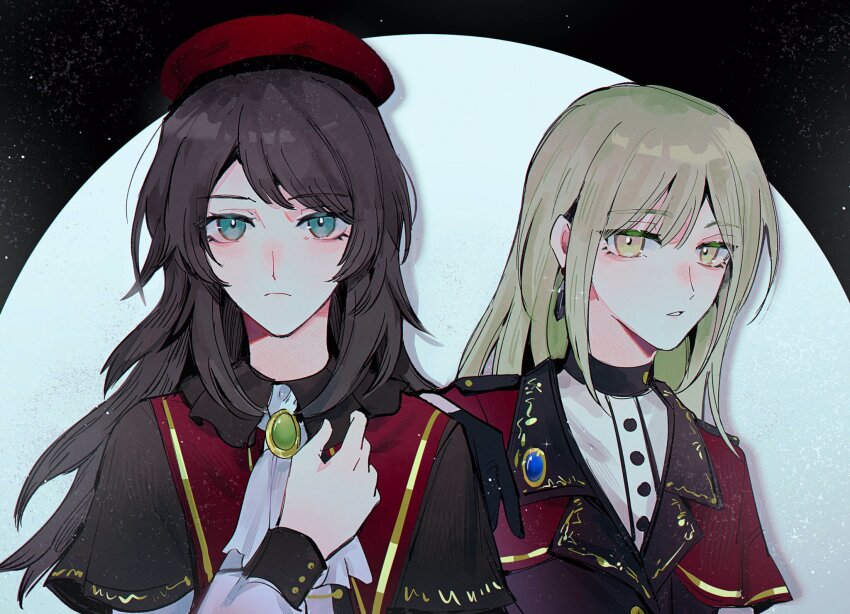 2girls ascot bang_dream! bang_dream!_it&#039;s_mygo!!!!! beret black_gloves black_hair blue_eyes capelet closed_mouth commentary cosplay costume_switch earrings gloves green_brooch green_hair hand_up hat highres jewelry long_hair long_sleeves looking_at_viewer maybecrosswise multiple_girls red_capelet red_hat sidelocks upper_body wakaba_mutsumi white_ascot yahata_umiri yellow_eyes