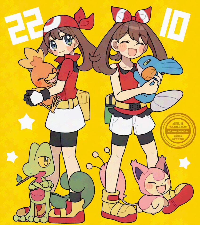 2girls aqua_eyes bag black_shorts blue_eyes blush blush_stickers brown_hair closed_eyes closed_mouth collarbone commentary creatures_(company) game_freak gen_3_pokemon gloves happy hat highres holding holding_pokemon jacket kokashiho may_(pokemon) mudkip multiple_girls nintendo open_mouth pokemon pokemon_(creature) pokemon_oras pokemon_rse red_hat red_jacket red_ribbon red_tank_top ribbon shoes shorts sidelocks skirt skitty smile tank_top torchic treecko twitter_username two-tone_footwear white_shorts white_skirt yellow_background