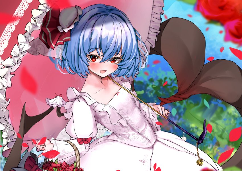 1girl absurdres alternate_costume bat_wings dress ei_tantan highres holding holding_umbrella open_mouth parasol purple_hair red_eyes red_ribbon remilia_scarlet ribbon short_hair solo touhou touhou_lostword umbrella wedding_dress white_dress wings