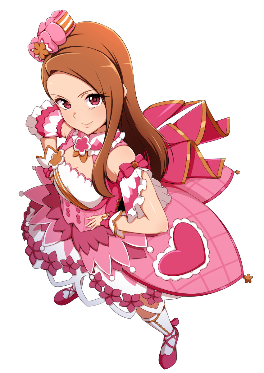 1girl arm_garter blush breasts brown_hair cleavage closed_mouth dress from_above hands_on_own_hips hat heart highres idolmaster idolmaster_(classic) idolmaster_million_live! idolmaster_million_live!_theater_days jabara_tornado layered_dress long_hair looking_at_viewer minase_iori mini_hat pink_dress pink_footwear red_eyes shoes simple_background sleeveless sleeveless_dress small_breasts smile socks solo standing white_background white_socks white_wrist_cuffs wrist_cuffs