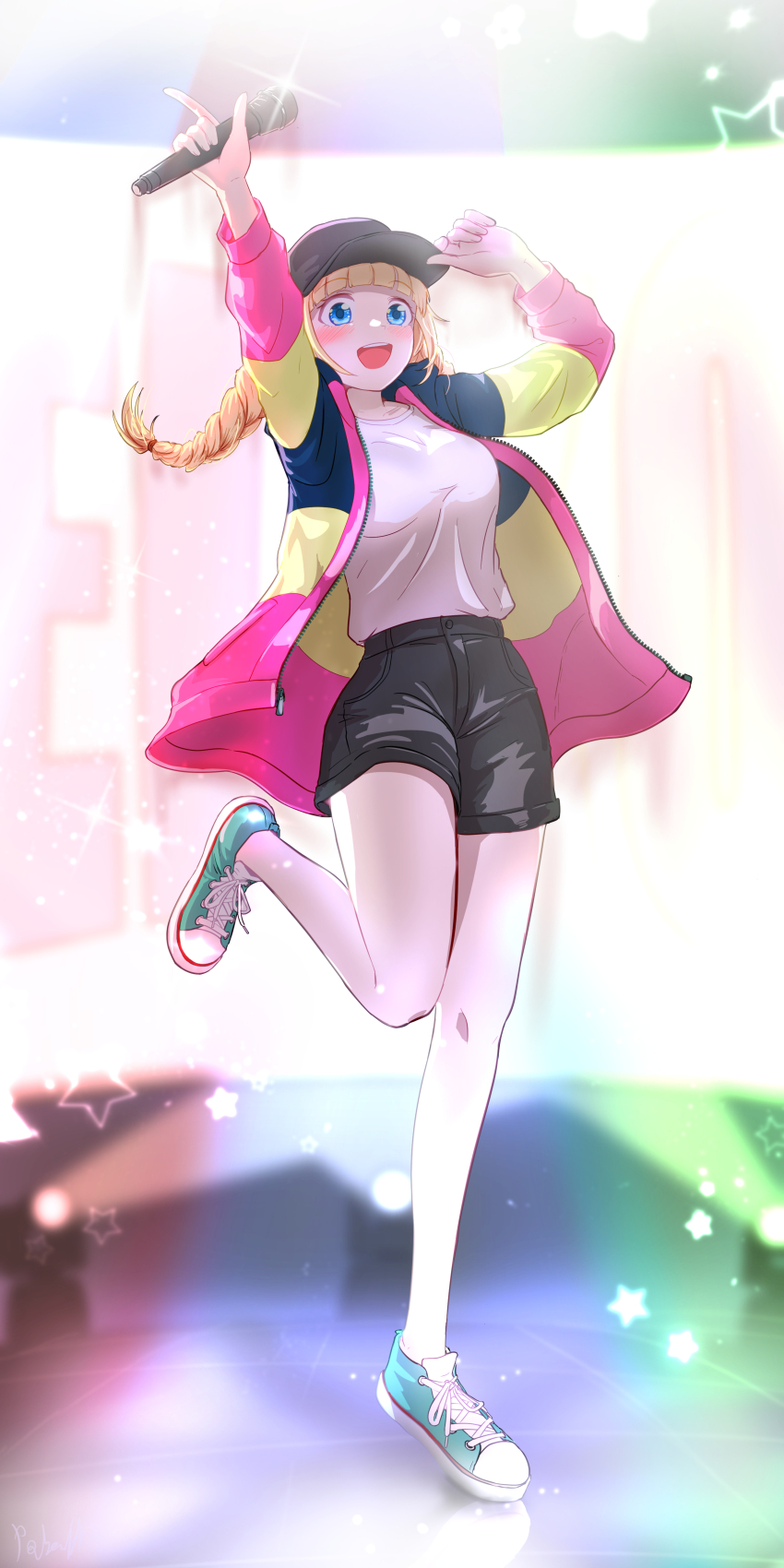 1girl :d absurdres aqua_footwear arm_up arms_up black_hat black_shorts blonde_hair blue_eyes blurry blurry_background breasts full_body hat highres holding holding_microphone indoors jacket medium_breasts microphone open_mouth pabenia paripi_koumei shirt shoes shorts smile sneakers solo standing standing_on_one_leg tsukimi_eiko white_shirt