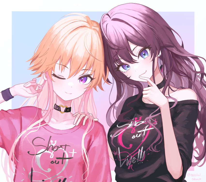 2girls ;) ahoge black_choker black_shirt black_wristband blush border breasts choker collarbone heart_o-ring highres ichinose_shiki idolmaster idolmaster_cinderella_girls long_hair looking_at_viewer medium_breasts multiple_girls ninomiya_asuka o-ring o-ring_choker one_eye_closed orange_hair outside_border pink_shirt purple_hair rbck shirt single_bare_shoulder smile twitter_username upper_body very_long_hair white_border