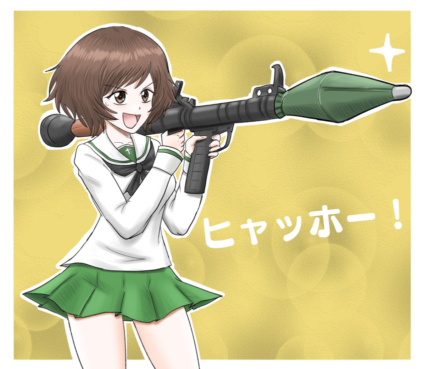 1girl akiyama_yukari black_neckerchief blouse brown_eyes brown_hair commentary girls_und_panzer green_skirt harukai-i highres holding holding_weapon long_sleeves looking_to_the_side messy_hair miniskirt neckerchief ooarai_school_uniform open_mouth outline pleated_skirt rocket_launcher rpg rpg-7 rpg_(weapon) sailor_collar school_uniform serafuku shirt short_hair skirt smile solo sparkle standing sweatdrop translated weapon white_outline white_sailor_collar white_shirt yellow_background