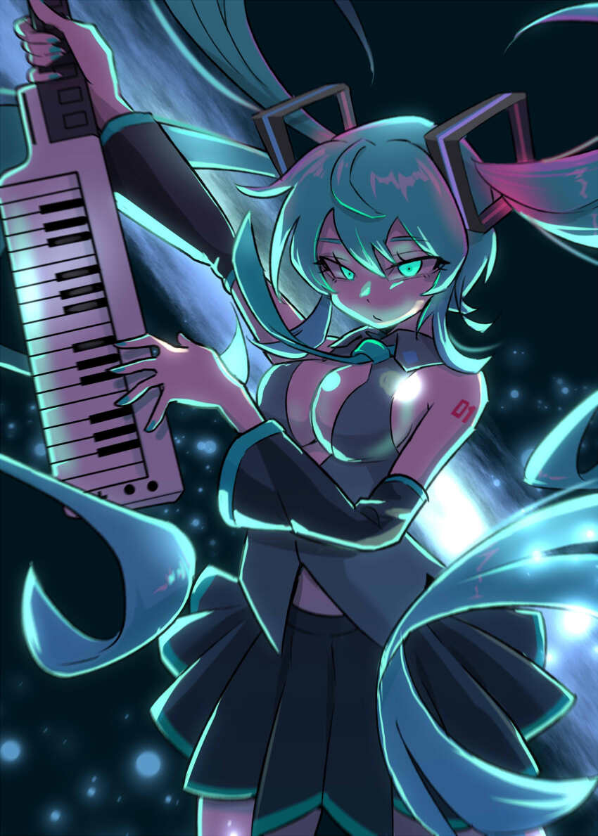 1girl adapted_costume black_skirt black_sleeves breasts center_opening cleavage commentary_request detached_sleeves fingernails floating_hair galaxy glowing glowing_eyes green_eyes green_hair green_nails green_necktie hair_ornament hatsune_miku highres holding holding_instrument instrument keytar long_hair looking_at_viewer medium_breasts music necktie number_tattoo playing_instrument pleated_skirt shoulder_tattoo skirt solo tattoo twintails very_long_hair vocaloid yuichi_ishikawa