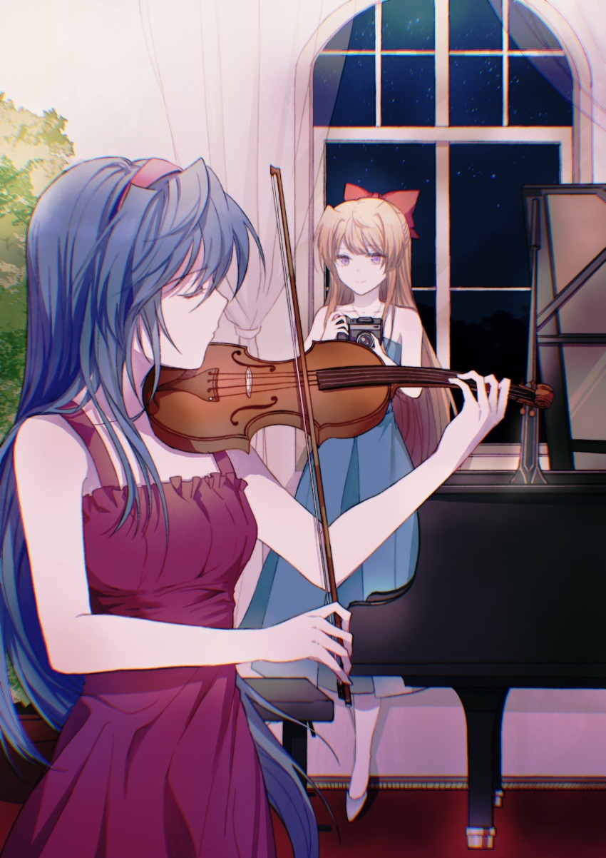 2girls absurdres blonde_hair blue_hair bow bow_(music) camera closed_eyes closed_mouth curtains dress hair_bow hairband half_updo highres himemiya_chikane holding holding_camera holding_instrument holding_violin indoors instrument kannazuki_no_miko kurusugawa_himeko long_hair multiple_girls music night night_sky piano playing_instrument purple_eyes red_bow red_dress red_hairband sky sleeveless sleeveless_dress star_(sky) starry_sky very_long_hair violin window ye_(pixiv4862539)