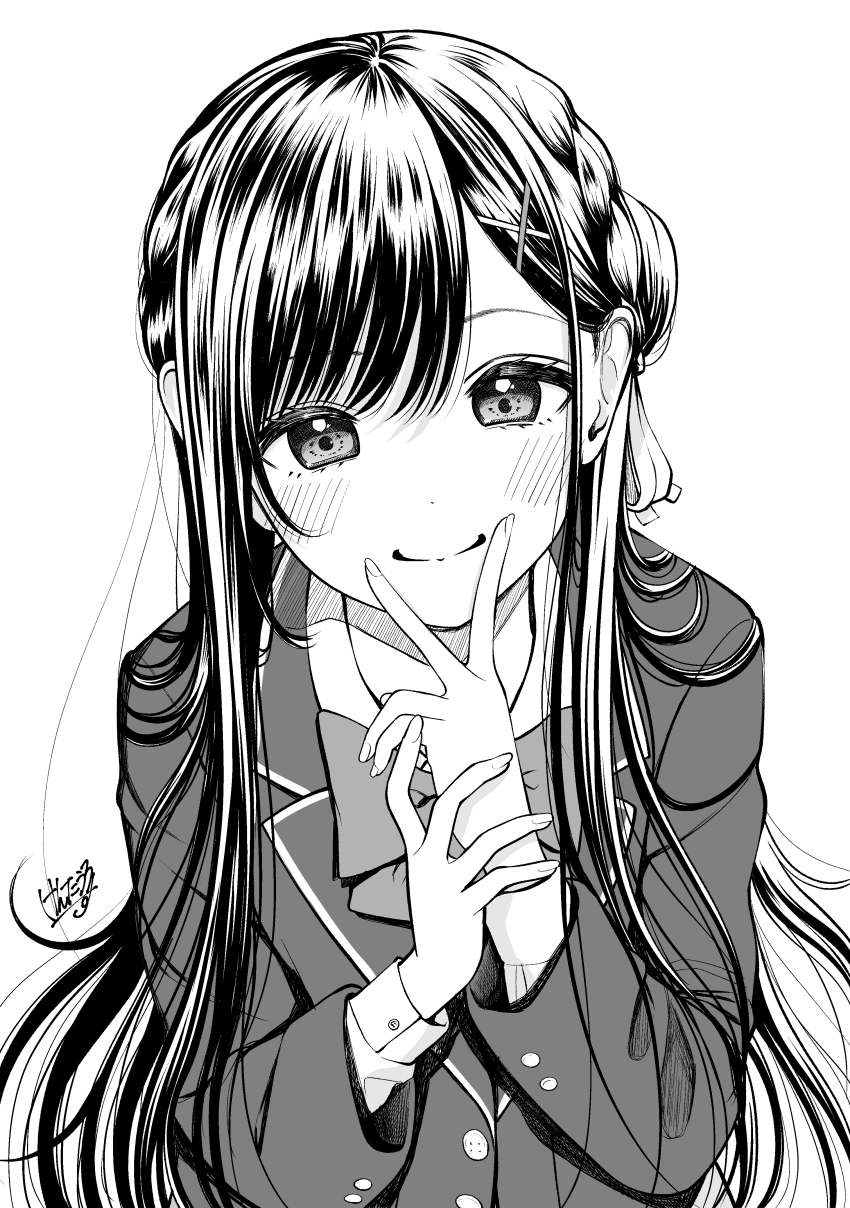 1girl absurdres blazer blush bow braid closed_mouth collared_shirt greyscale hair_ornament hairclip hands_up highres jacket kentaurosu long_hair long_sleeves monochrome original school_uniform shirt signature simple_background smile solo upper_body v_over_mouth very_long_hair white_background x_hair_ornament