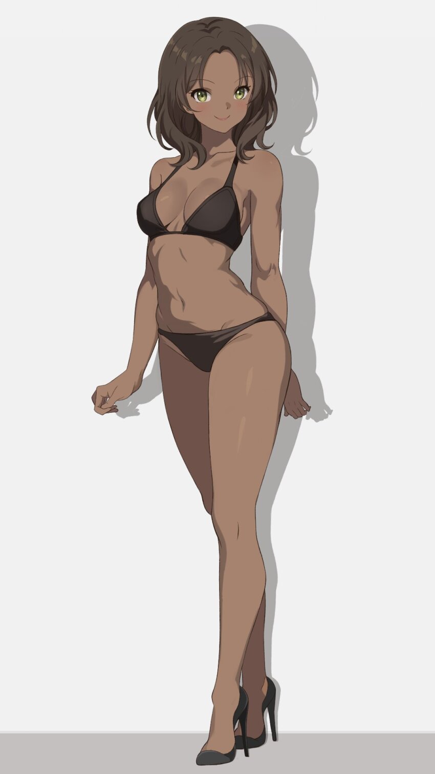 1girl arm_behind_back bikini black_bikini black_footwear breasts brown_eyes brown_hair chocomiru commentary dark-skinned_female dark_skin drop_shadow english_commentary high_heels highres looking_at_viewer medium_breasts original shadow smile solo swimsuit white_background