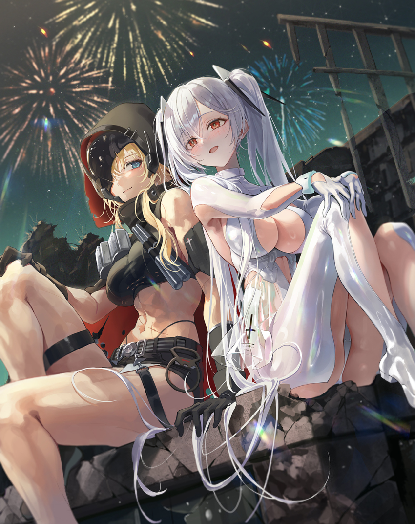 2girls black_gloves black_hoodie black_mask blonde_hair blue_eyes bodysuit breasts cinderella_(nikke) cleavage crotch fireworks gloves goddess_of_victory:_nikke grave_(nikke) hair_between_eyes highres hood hood_up hoodie large_breasts light_blush light_smile long_hair midriff multiple_girls night night_sky one_eye_covered open_mouth outdoors red_eyes roha ruins scar see-through_clothes shiny_clothes sitting sky stomach thighs toned_female twintails white_bodysuit white_footwear white_gloves white_hair