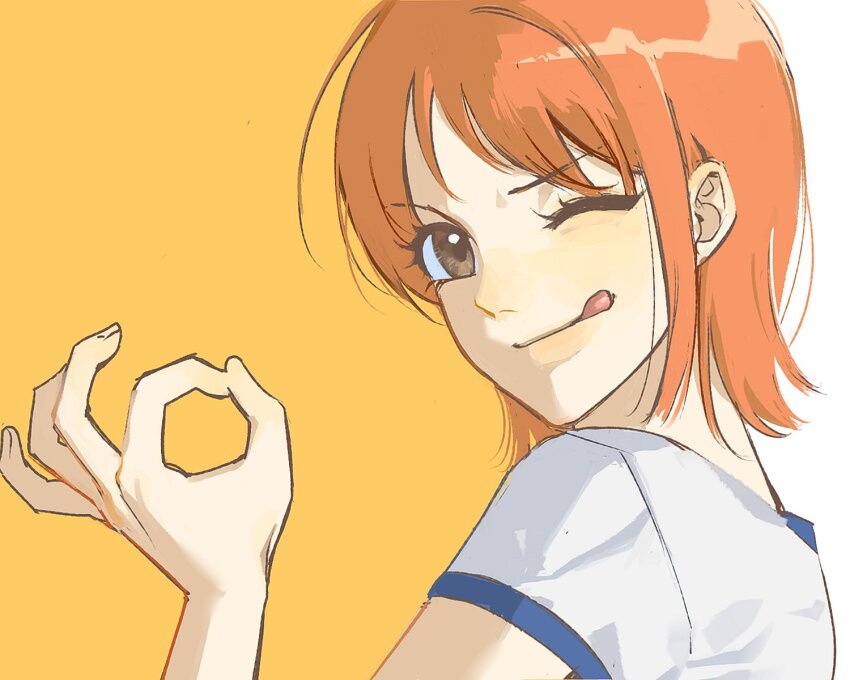 1girl ;p brown_eyes close-up highres looking_at_viewer nami_(one_piece) ok_sign one_eye_closed one_piece orange_background orange_hair ppyobong11 profile shirt short_hair sidelocks simple_background smile solo t-shirt tongue tongue_out white_shirt