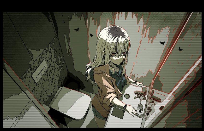 1girl artist_name bug closed_mouth copyright_notice drawstring highres hood hoodie insect juniper_(artist) long_hair mirror moth original shorts sink solo standing toilet