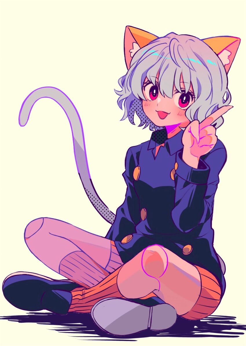 1other animal_ears black_footwear black_shirt bright_pupils cat_ears cat_tail doll_joints eyelashes full_body grey_hair highres hunter_x_hunter index_finger_raised joints long_sleeves looking_at_viewer neferpitou orange_socks red_eyes sanamaru_(sana79261827) shirt short_hair simple_background sitting socks tail white_background white_pupils