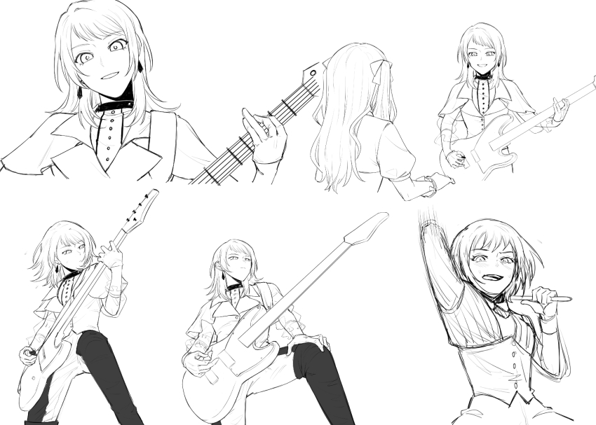 3girls amoris_(bang_dream!) bang_dream! bang_dream!_it&#039;s_mygo!!!!! capelet closed_mouth commentary_request corset drumsticks earrings gloves greyscale highres holding holding_drumsticks holding_plectrum instrument jewelry licking_lips long_hair long_sleeves looking_at_another looking_at_viewer monochrome multiple_girls multiple_views music oblivionis_(bang_dream!) pants parted_lips playing_bass_guitar playing_instrument plectrum see-through_clothes see-through_sleeves short_hair smile thai_commentary timoris_(bang_dream!) togawa_sakiko tongue tongue_out two_side_up yahata_umiri yknklv yuutenji_nyamu