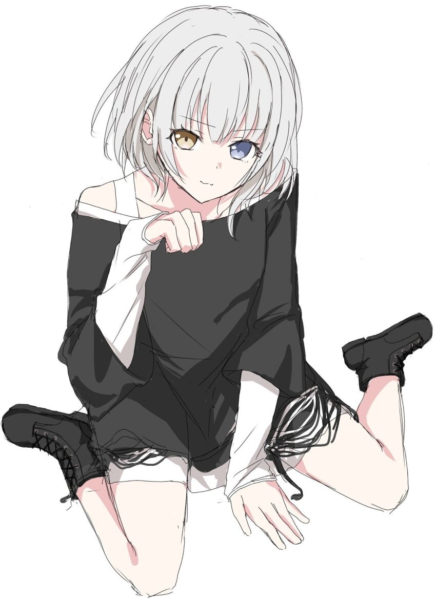 1girl :3 bang_dream! bang_dream!_it&#039;s_mygo!!!!! black_shirt blue_eyes collarbone commentary full_body heterochromia highres kaname_raana kurare_0725 layered_sleeves long_sleeves looking_at_viewer paw_pose shirt short_hair short_over_long_sleeves short_sleeves simple_background sitting solo wariza white_background white_hair white_shirt yellow_eyes