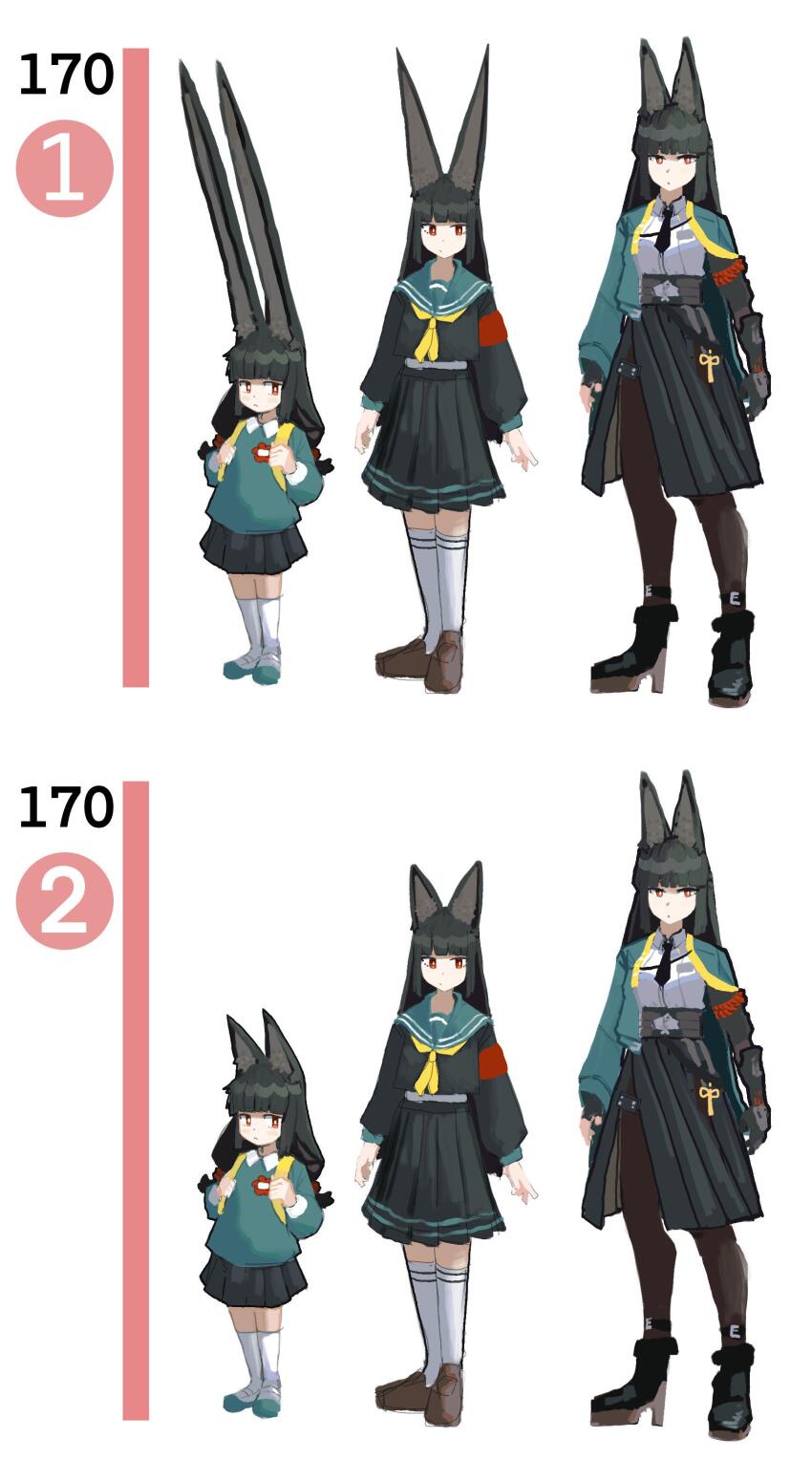 1girl absurdres aged_down animal_ear_fluff animal_ears big_eared_miyabi_(meme) black_footwear black_gloves black_hair black_necktie black_pantyhose black_skirt blunt_bangs blush boots brown_footwear closed_mouth dress_shirt expressionless fingerless_gloves fox_ears fox_girl full_body gloves green_jacket high-waist_skirt high_heel_boots high_heels highres hoshimi_miyabi jacket light_blush long_hair looking_at_viewer neckerchief necktie pantyhose red_eyes school_uniform schuler shirt sidelocks simple_background single_fingerless_glove skirt socks standing white_shirt white_socks zenless_zone_zero