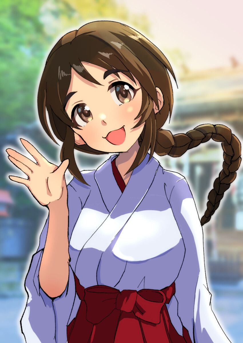 1girl :3 aihara_yukino brown_eyes brown_hair hakama highres idolmaster idolmaster_cinderella_girls japanese_clothes kimono kosode long_hair miko nonchan open_mouth red_hakama shrine smile solo thick_eyebrows waving white_kimono