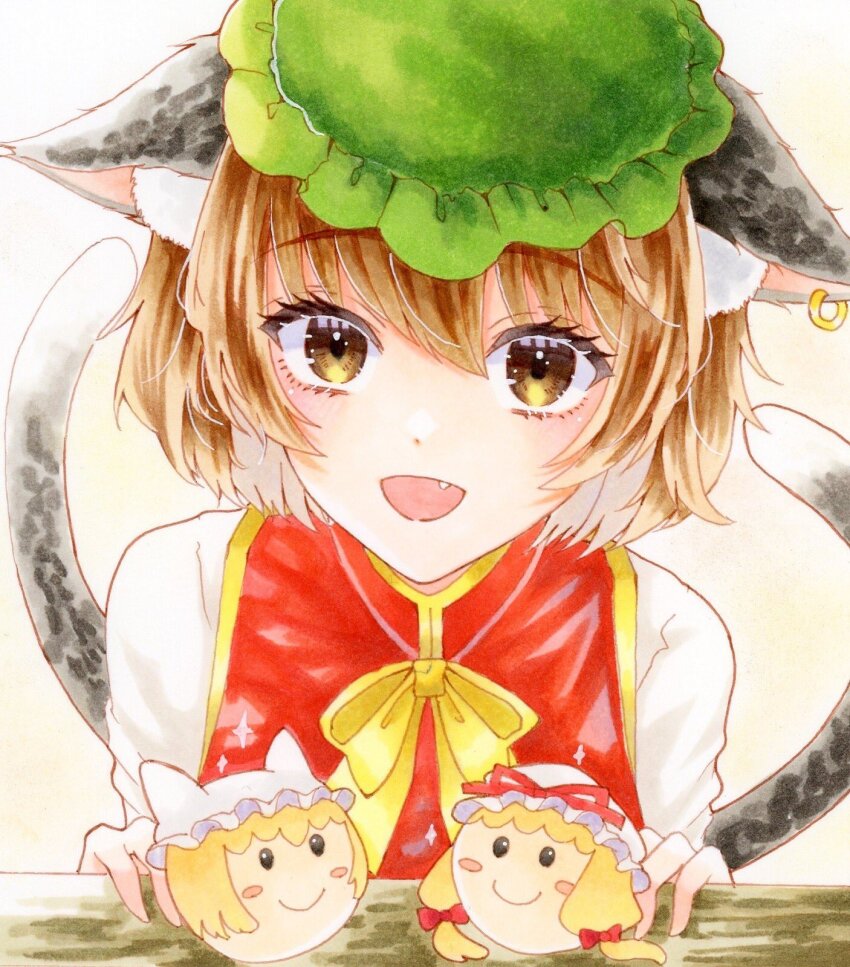 1girl :d animal_ear_fluff animal_ear_piercing animal_ears blush_stickers brown_eyes brown_hair cat_ears cat_tail chen commentary_request earrings ears_down fang gold_trim hair_between_eyes happy hat highres jewelry kapibaradon0405 long_sleeves looking_at_viewer mob_cap multiple_tails nekomata open_mouth red_vest short_hair simple_background single_earring smile solo table tail touhou traditional_media two_tails upper_body vest white_background yakumo_ran yakumo_yukari yukkuri_shiteitte_ne